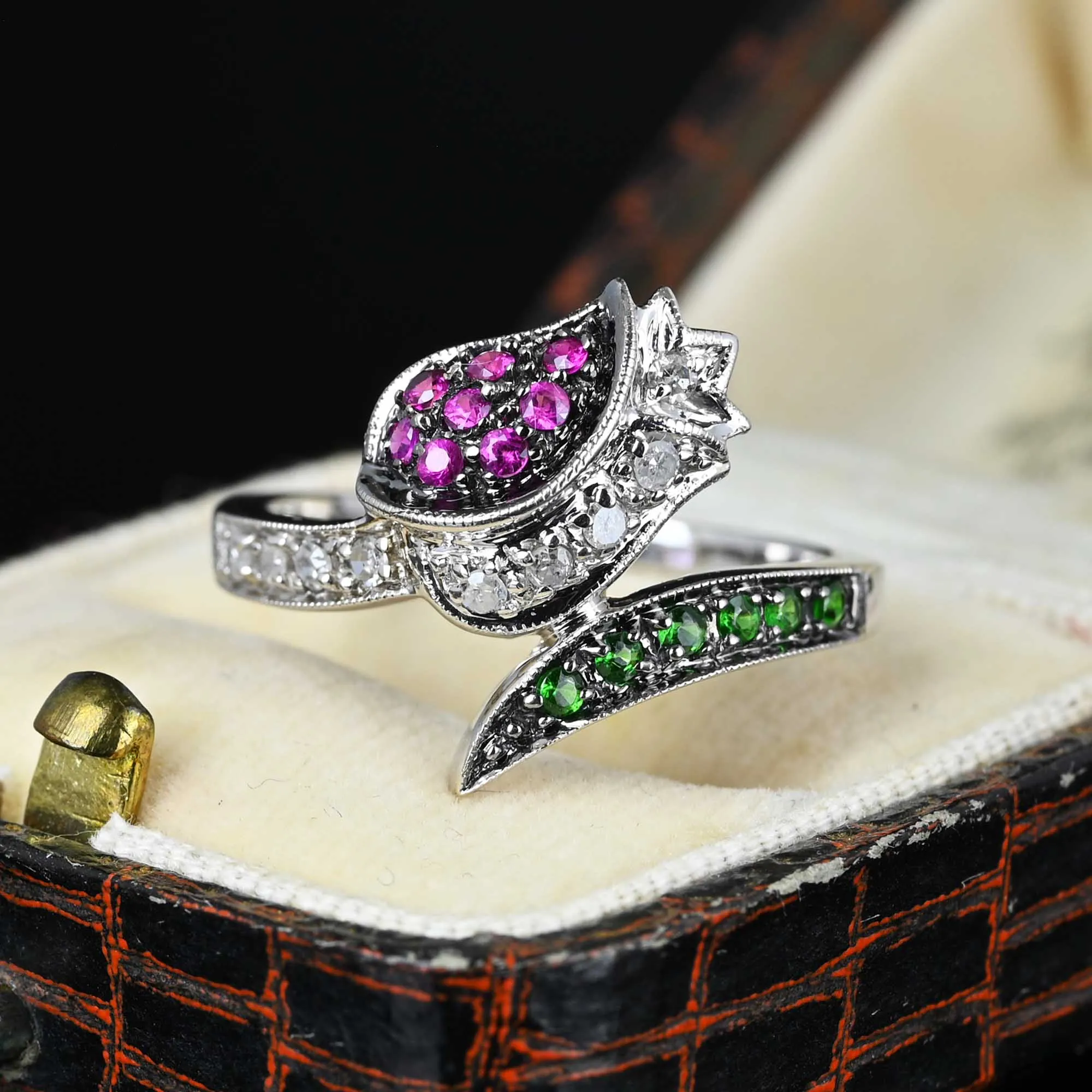 Ruby Diamond Green Sapphire Tulip Ring in 14K White Gold