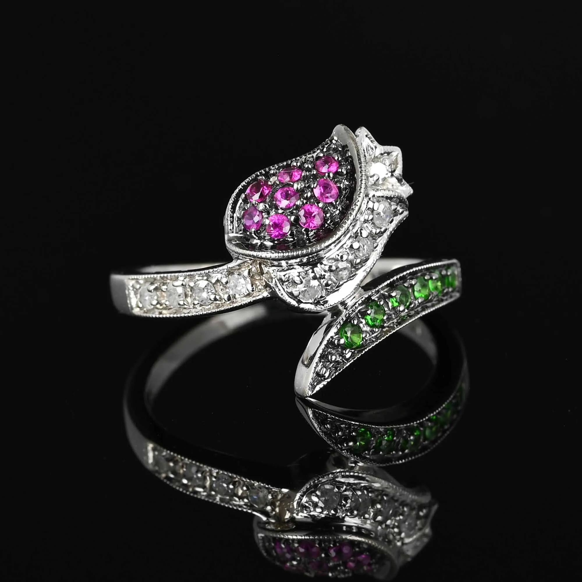 Ruby Diamond Green Sapphire Tulip Ring in 14K White Gold