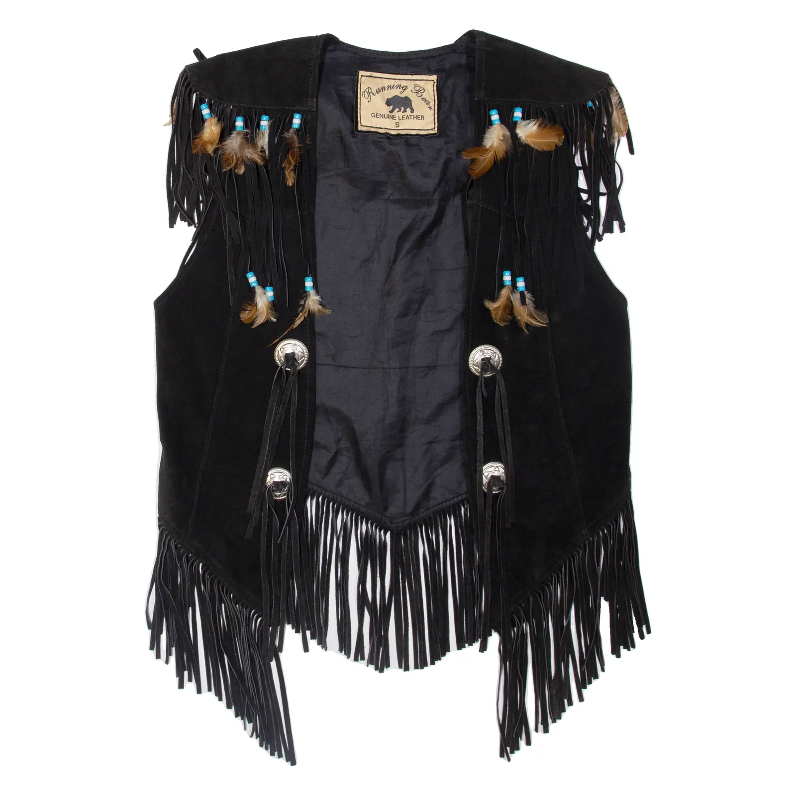 RUNNING BEAR Western Tassel Mens Waistcoat Black Leather S