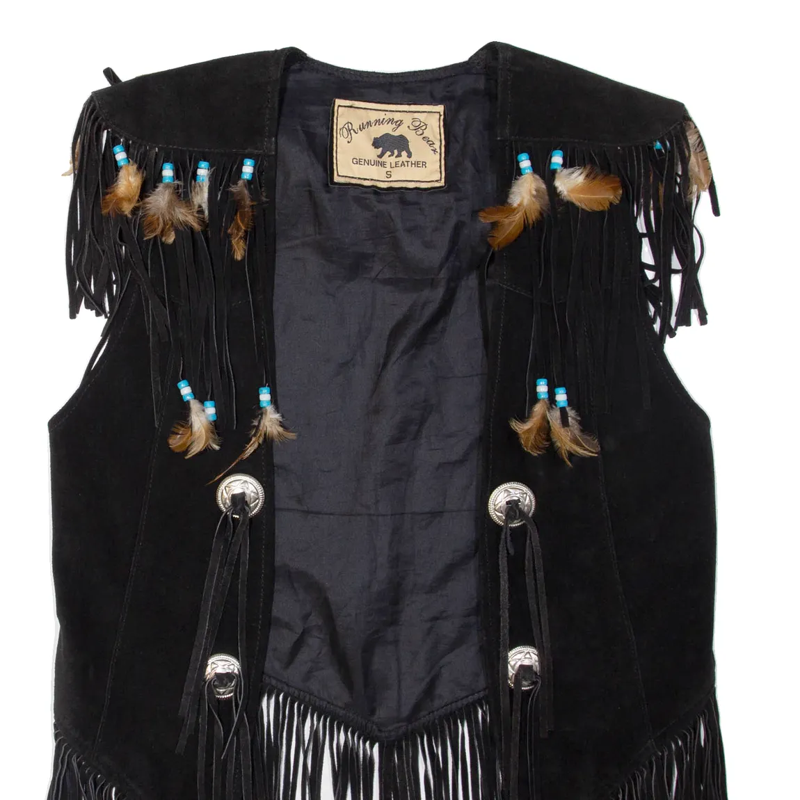 RUNNING BEAR Western Tassel Mens Waistcoat Black Leather S