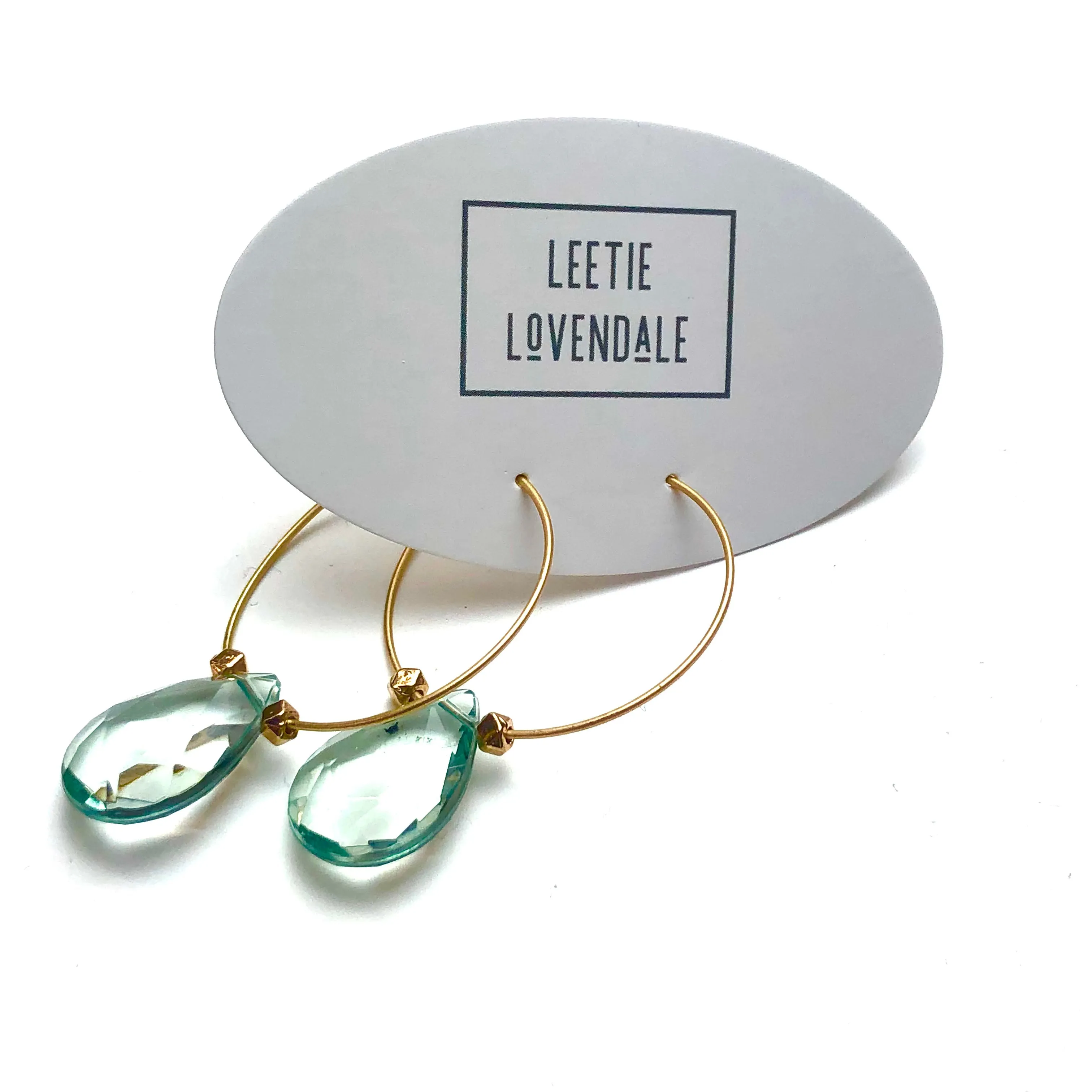 Sage Green Faceted Briolette on Gold Hoop Earrings