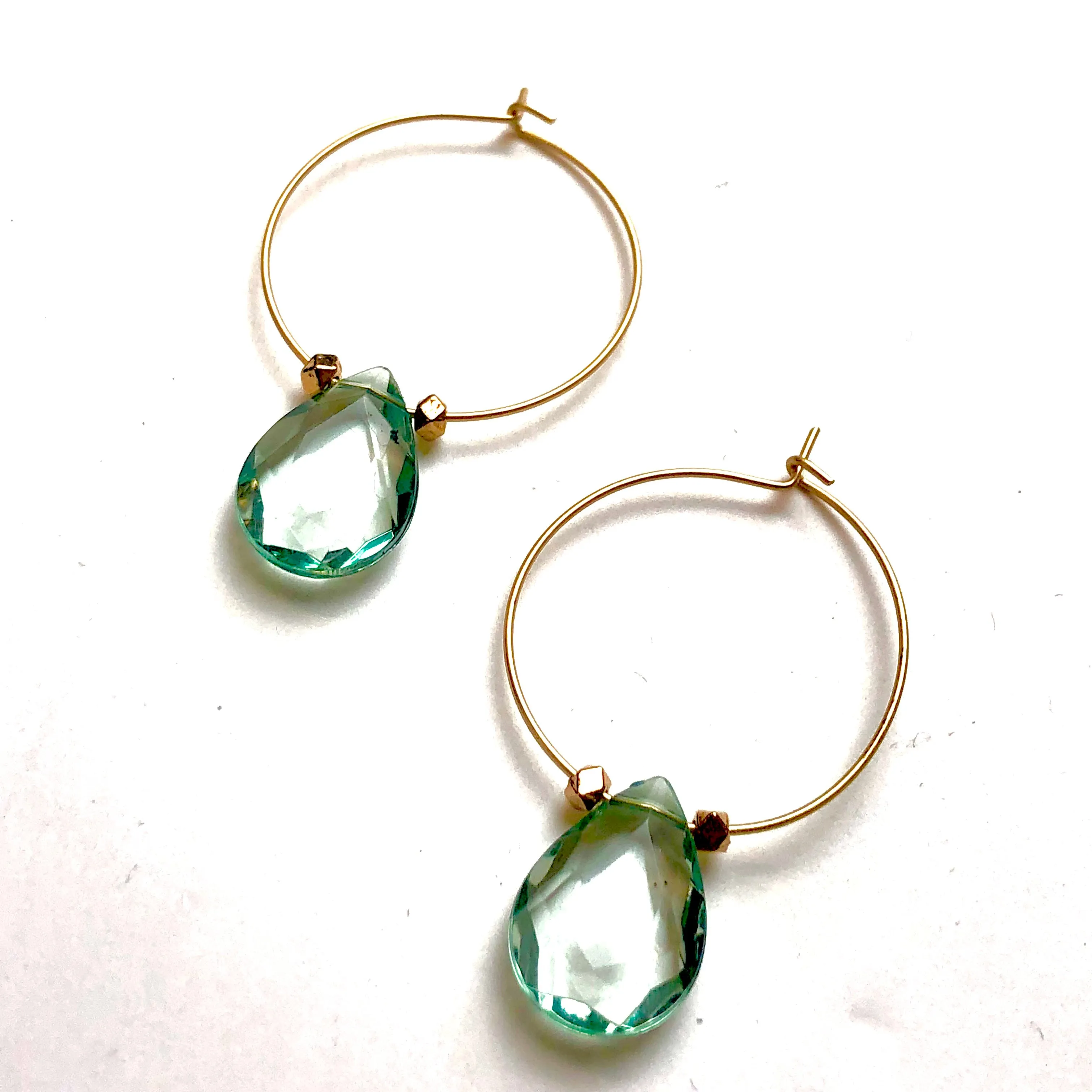 Sage Green Faceted Briolette on Gold Hoop Earrings