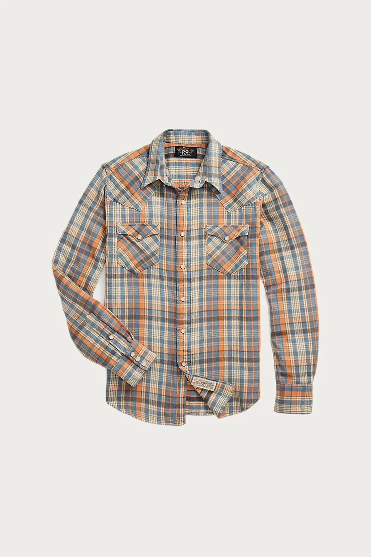 Slim Fit Plaid Twill Western Shirt - Blue/Orange Multi