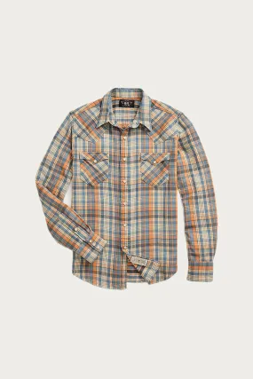 Slim Fit Plaid Twill Western Shirt - Blue/Orange Multi