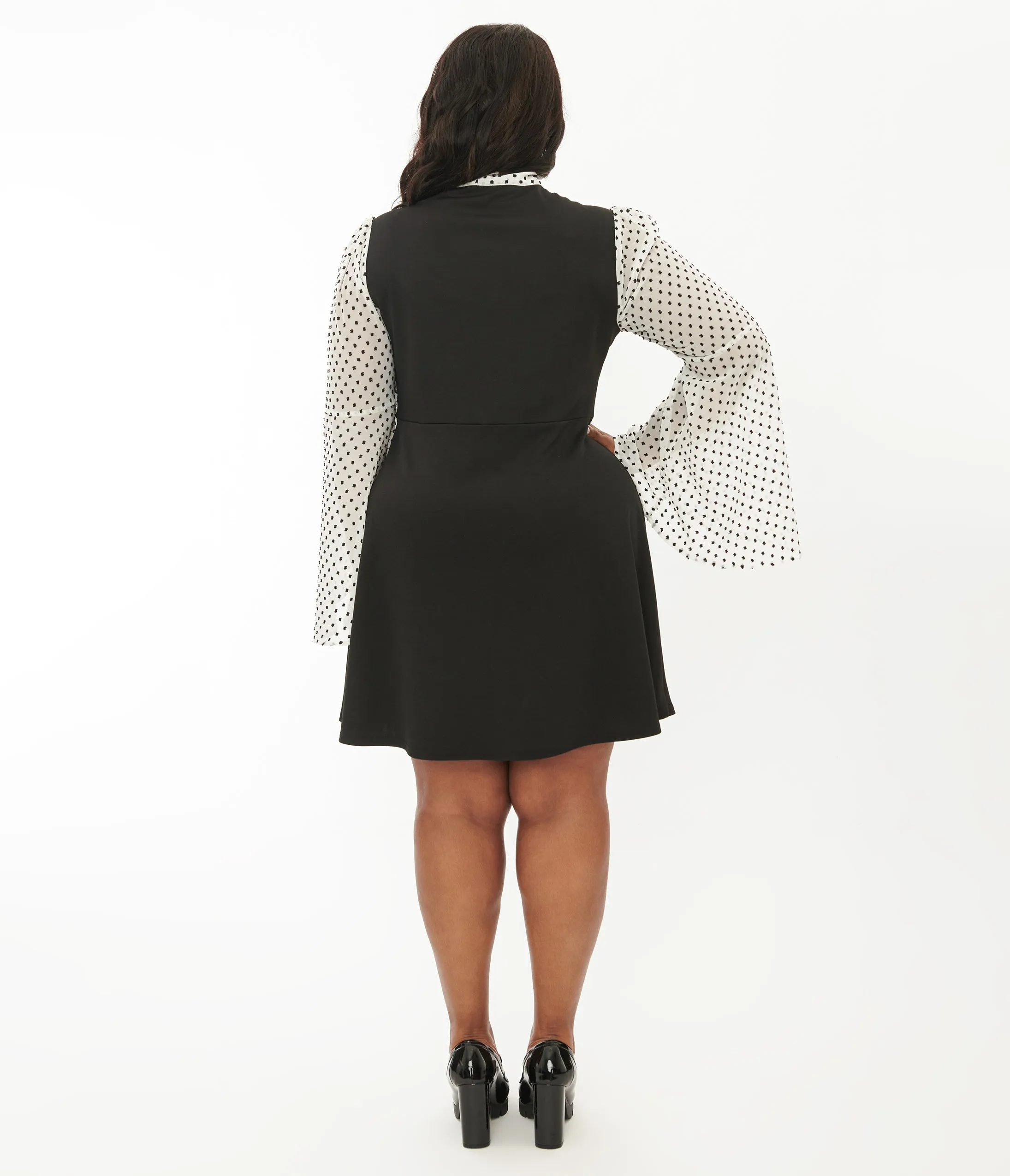 Smak Parlour Plus Size Black & White Polka Dot Bell Sleeve Flare Dress