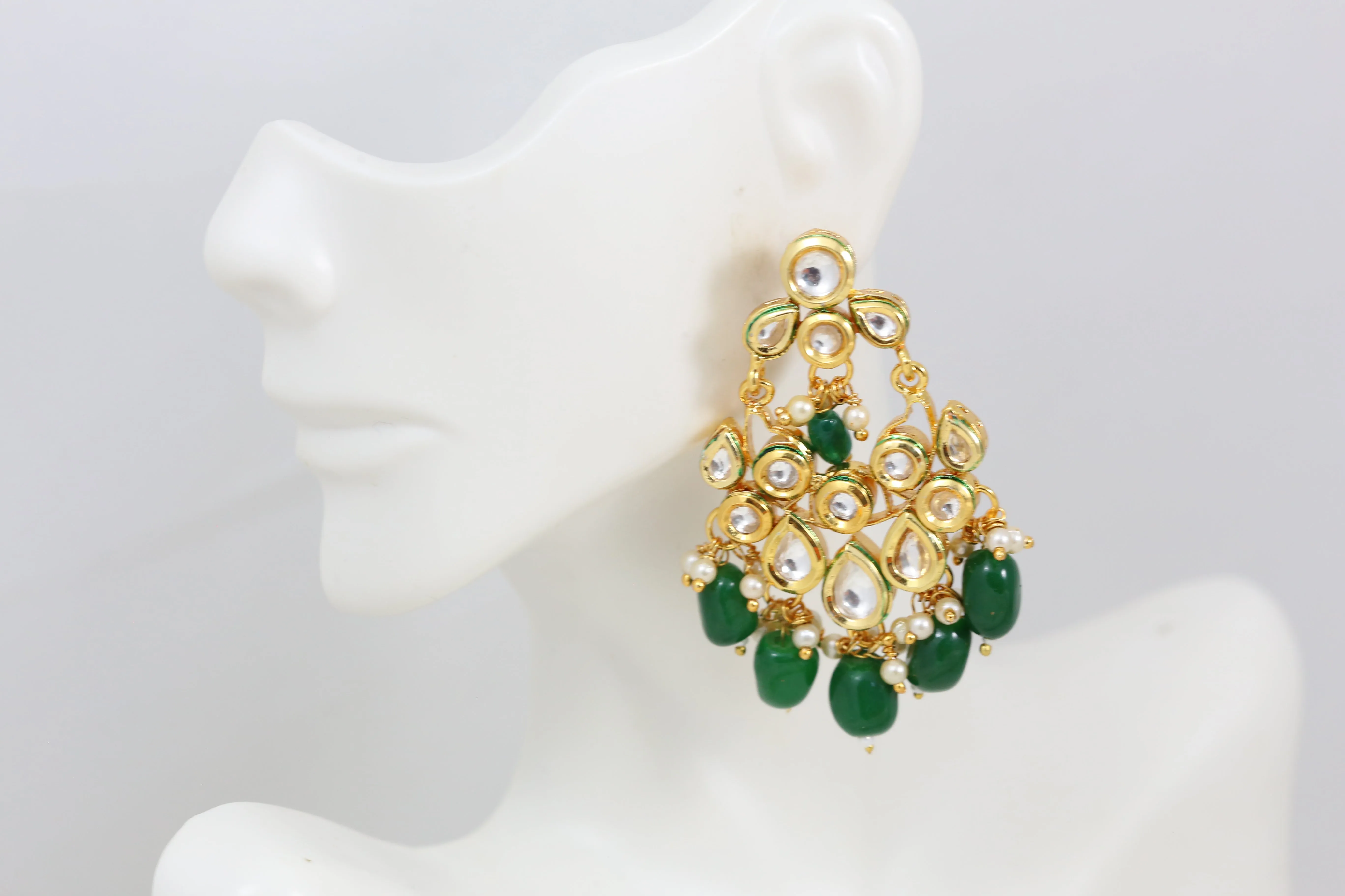 Small Kundan Chandbaali - Green Drops