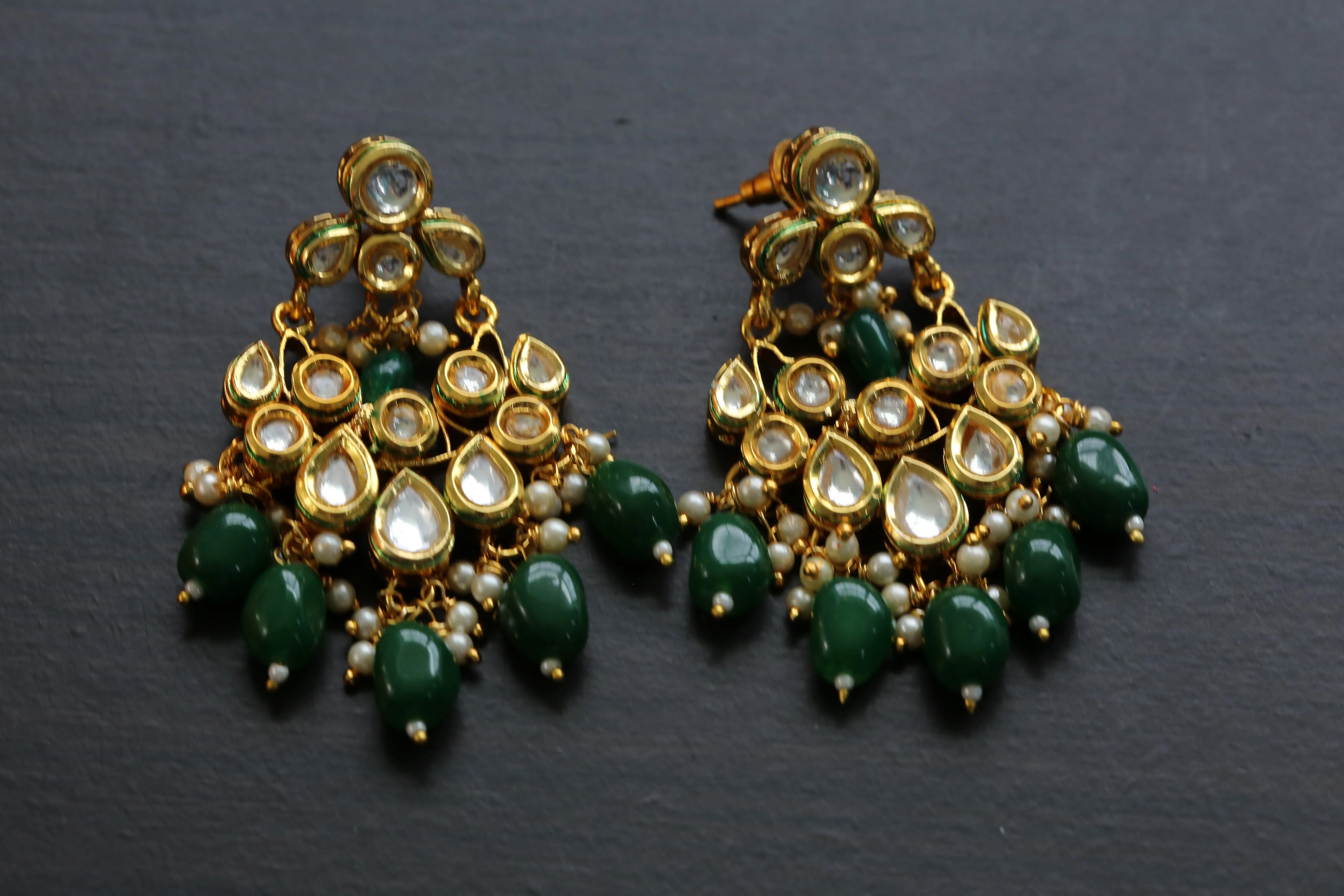 Small Kundan Chandbaali - Green Drops