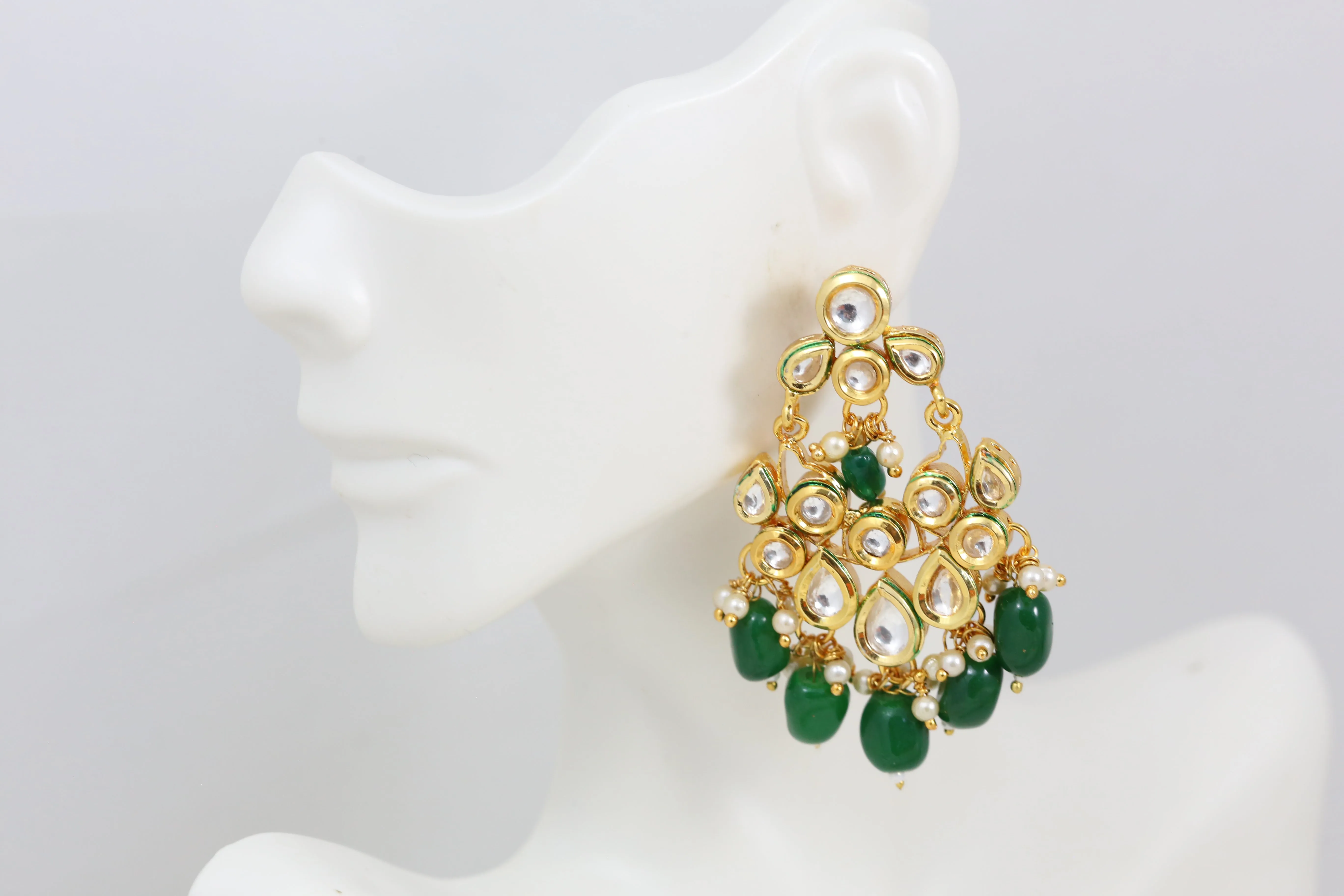 Small Kundan Chandbaali - Green Drops