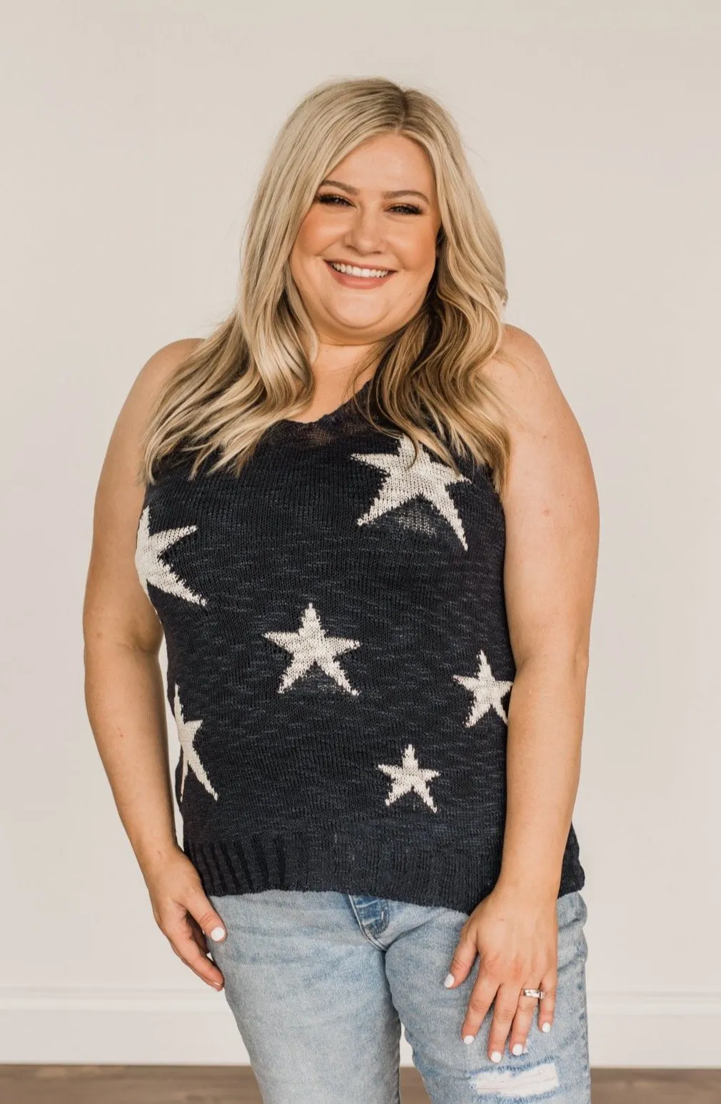 Sparkle & Shine Star Print Tank Top- Dark Navy