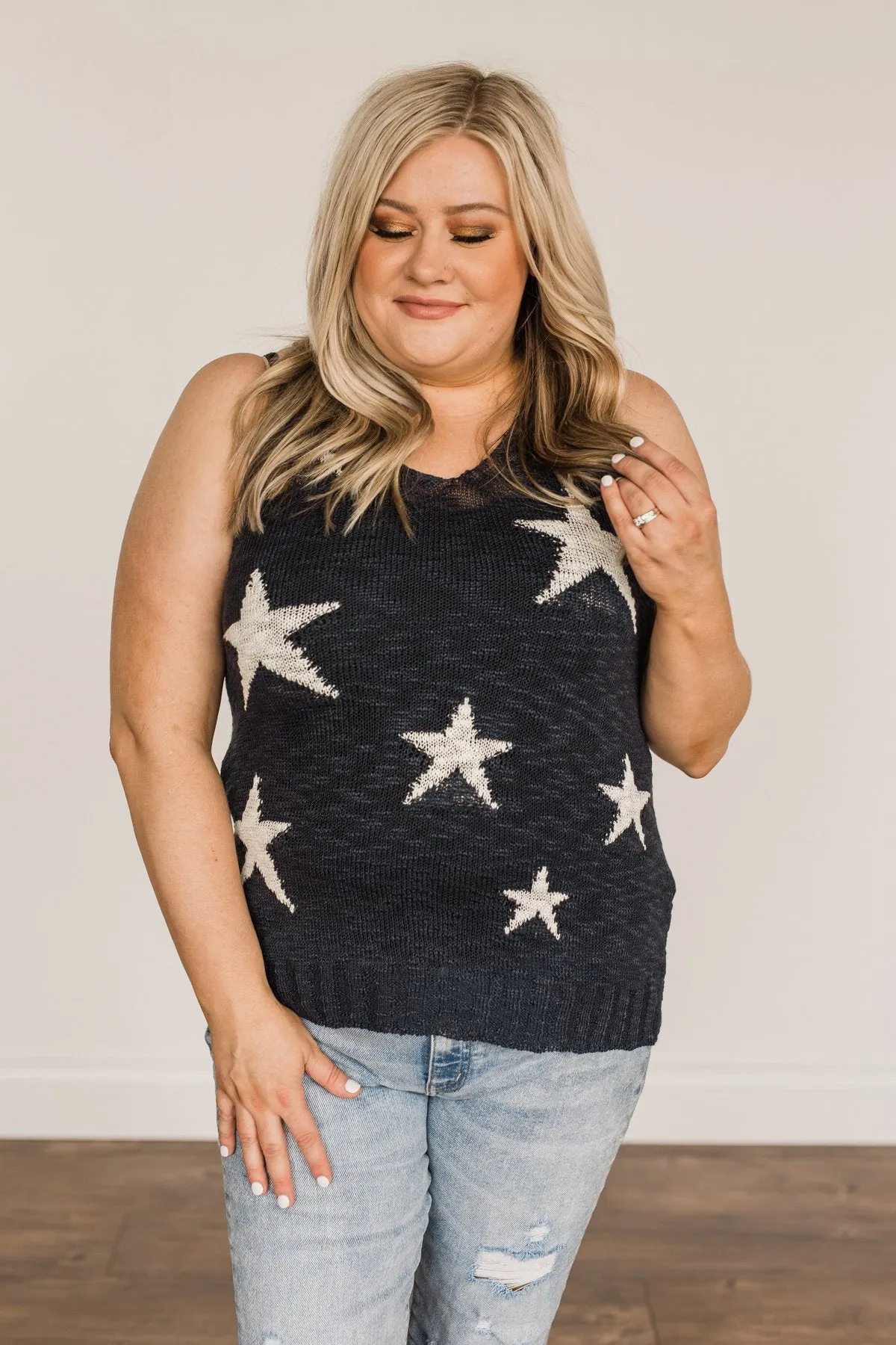 Sparkle & Shine Star Print Tank Top- Dark Navy