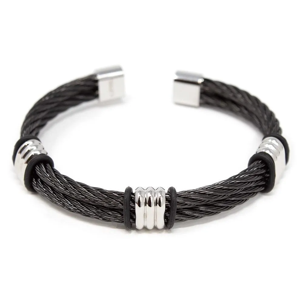 Stainless St Double Wire Bracelet W Three Barrels Black