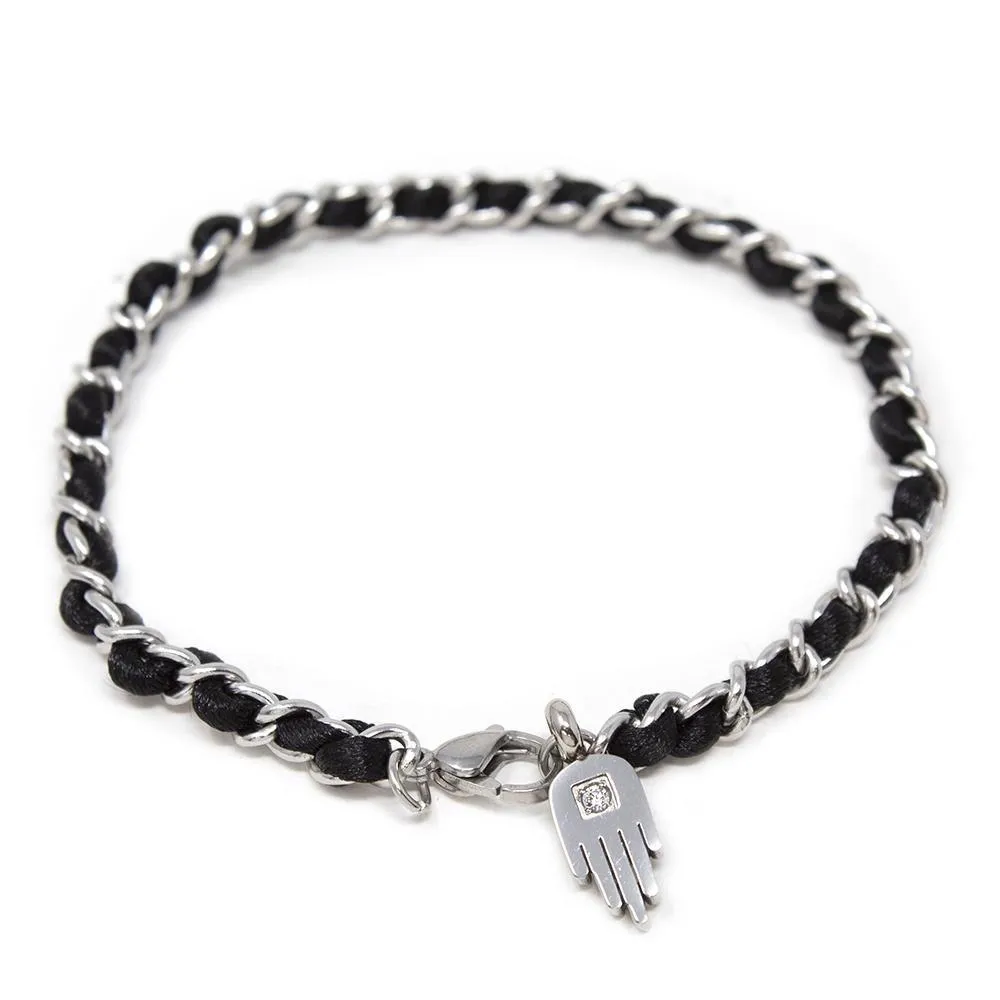 Stainless St Hamsa Hand and Black Cord Bracelet