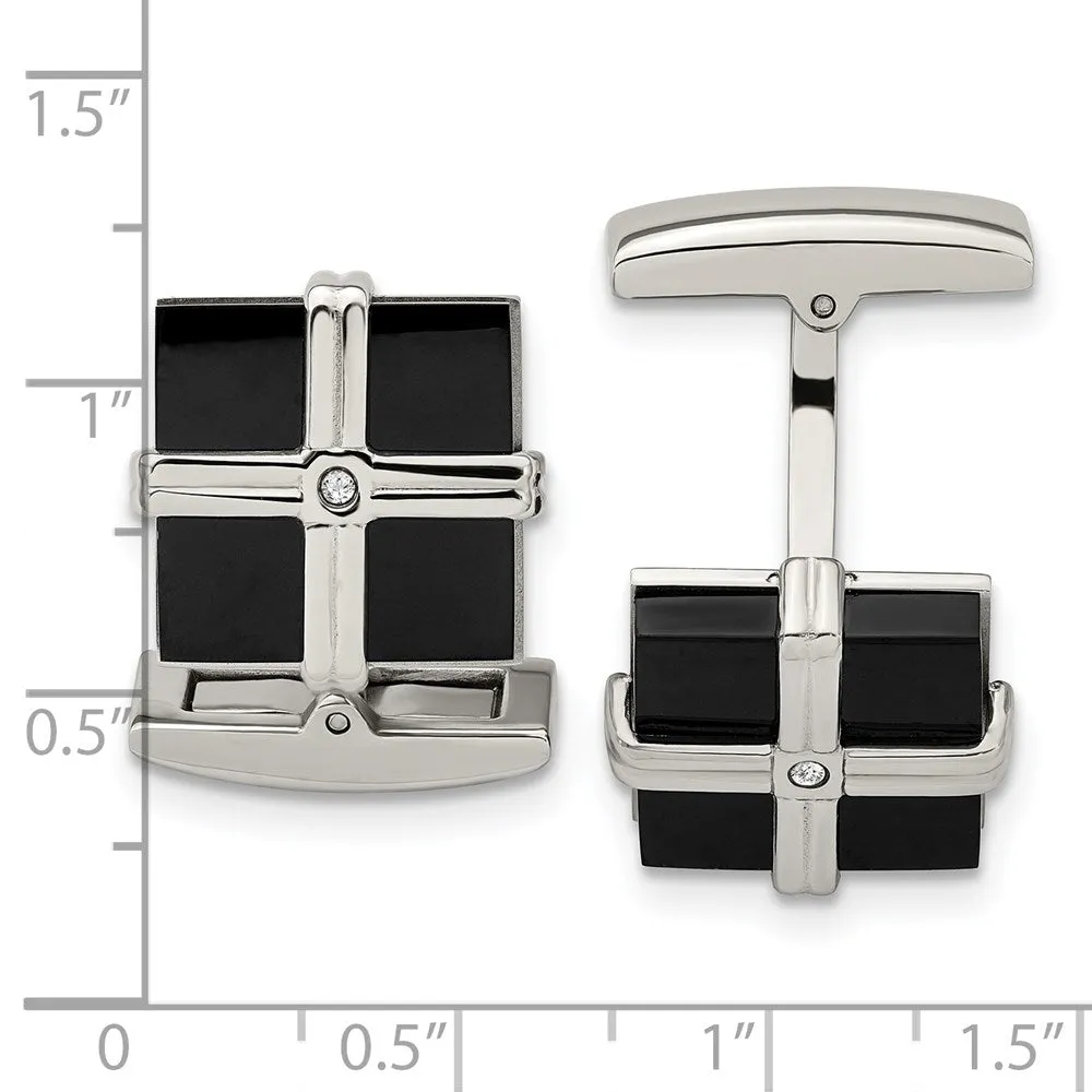 Stainless Steel, Black Plated & CZ Square Cuff Links, 17mm