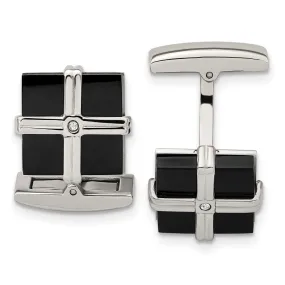 Stainless Steel, Black Plated & CZ Square Cuff Links, 17mm