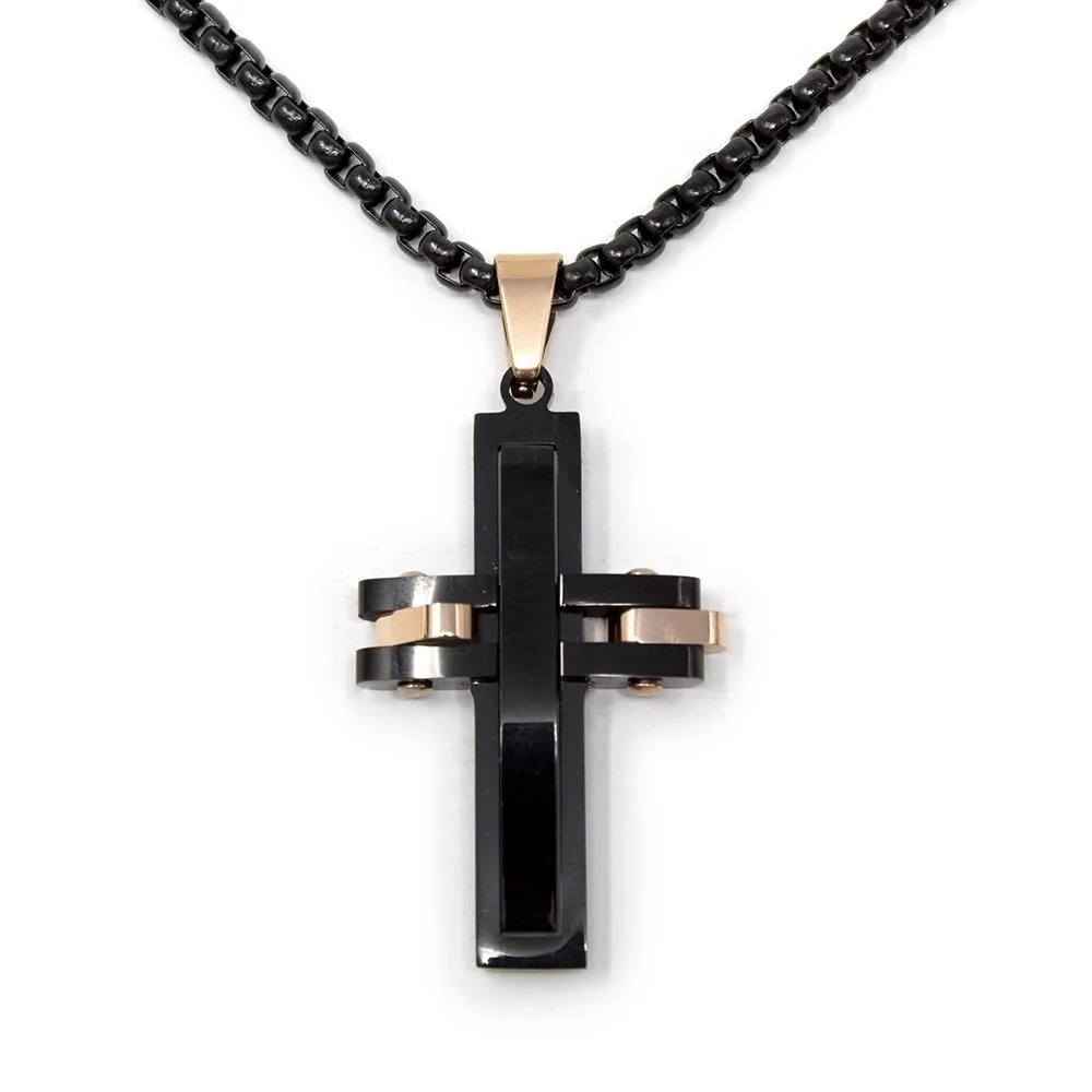 Stainless Steel Cross Pendant Two Tone Black Rose