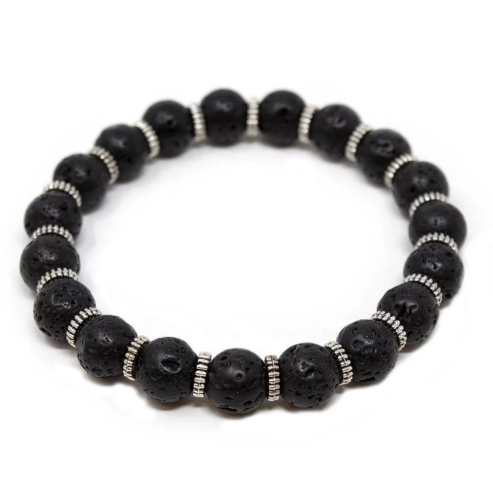 Steel Zinc Ring and Black Lava Beads Bracelet