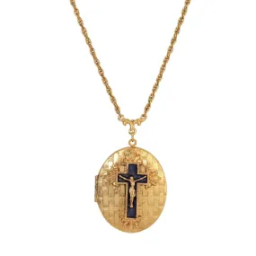 Symbols Of Faith Blue Enamel Cross Textured Oval Locket Necklace 28L