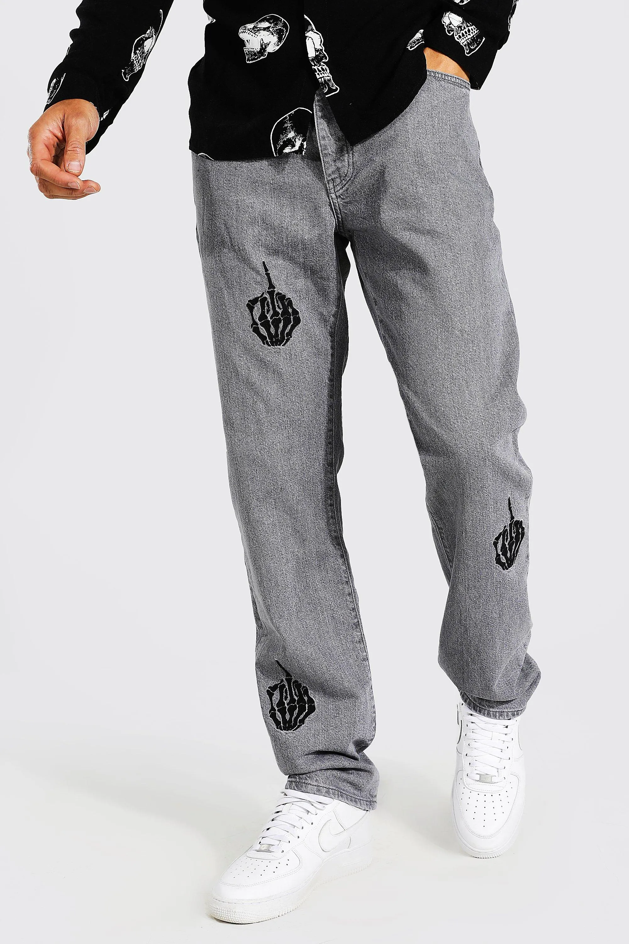 Tall Straight Fit Skeleton Applique Jean | boohooMAN UK