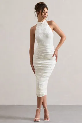 Therese | White Ruched Bodycon High-Neck Midi Dress