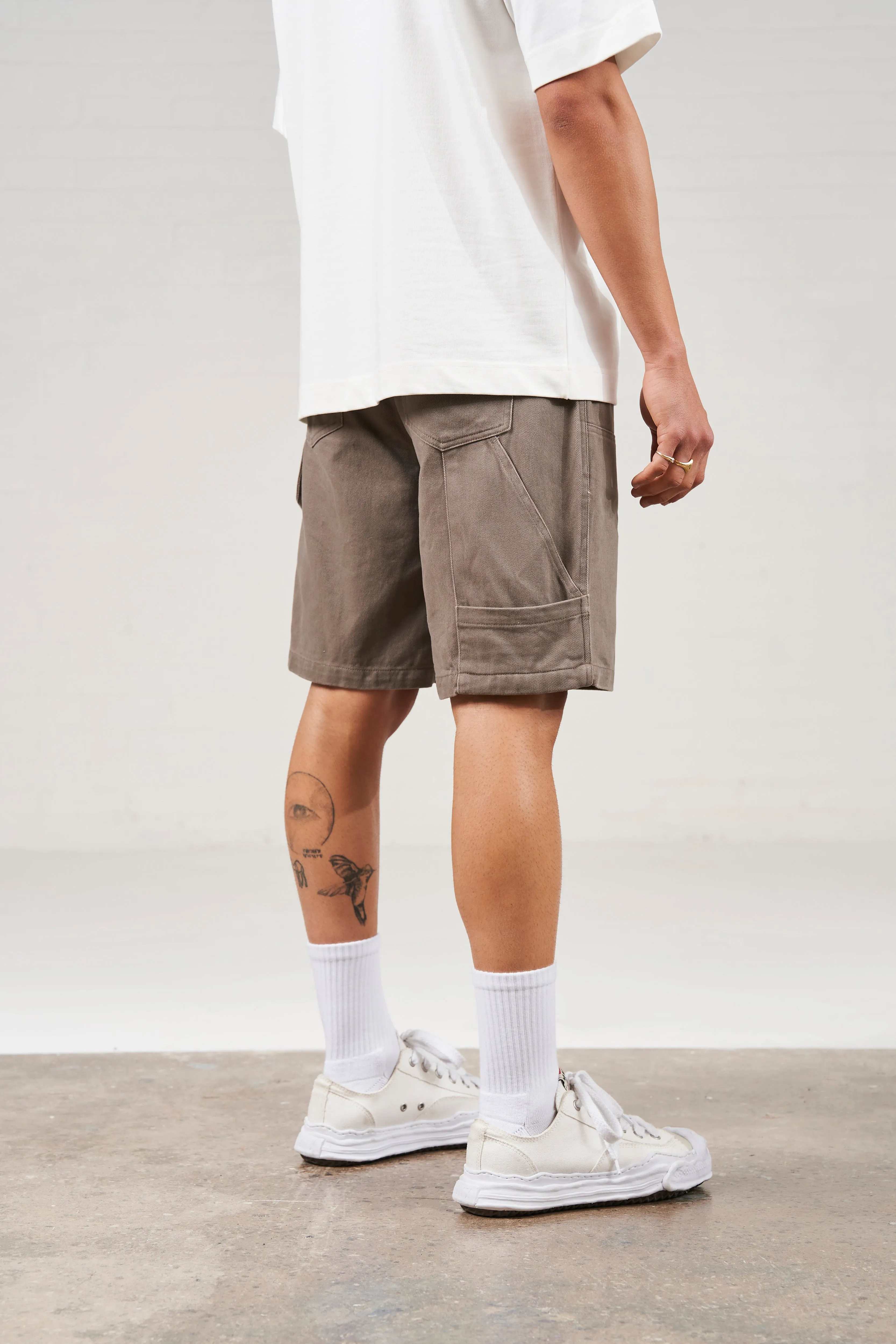 TWILL RIVET CARPENTER SHORTS - WASHED BROWN