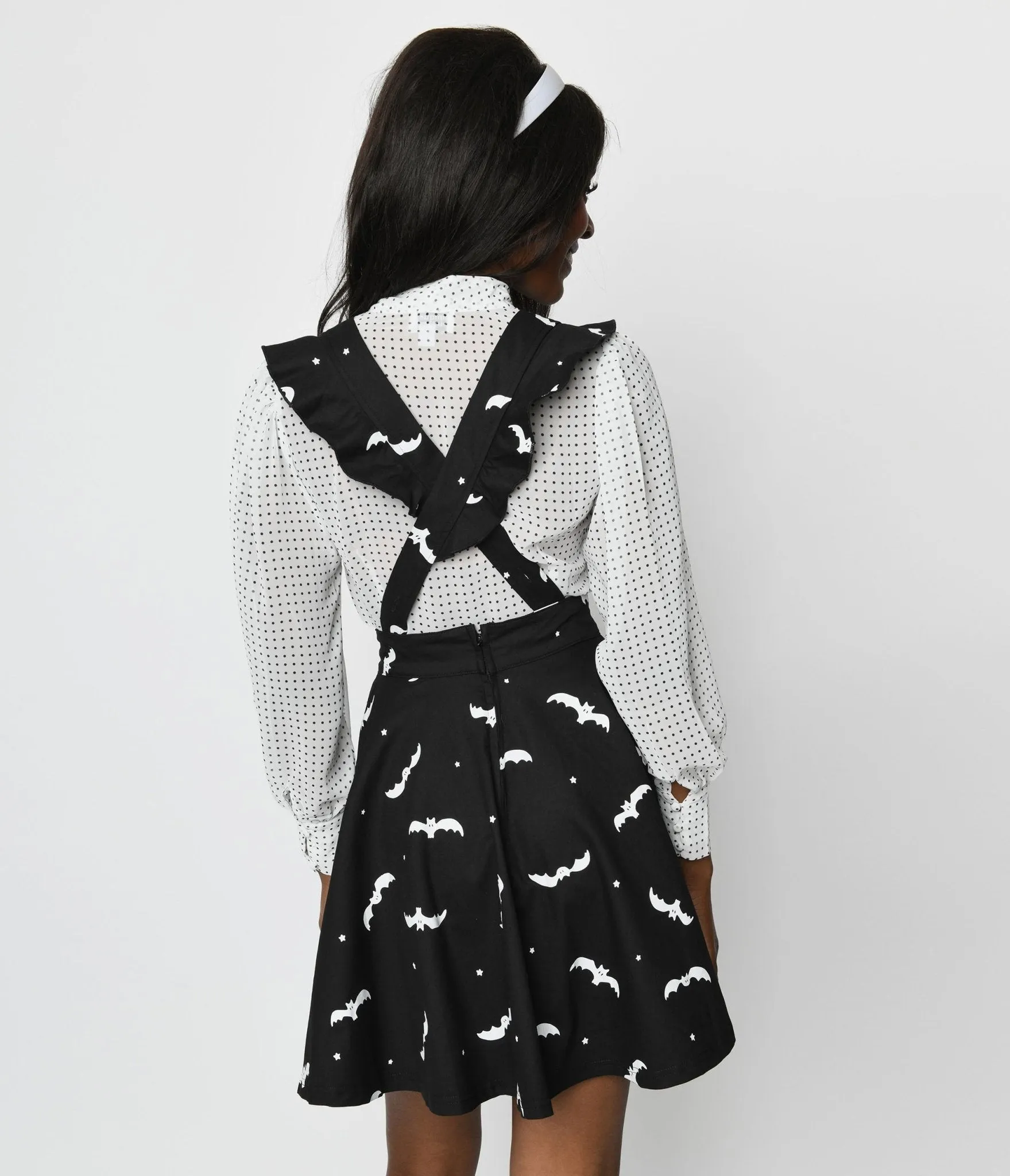 Unique Vintage Black & White Bats Ruffle Pinafore