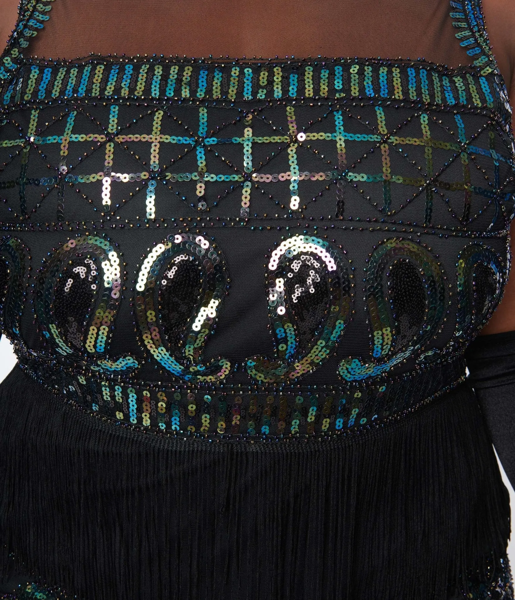 Unique Vintage Plus Size 1920s Black & Iridescent Sequin Sleeveless Flapper Dress