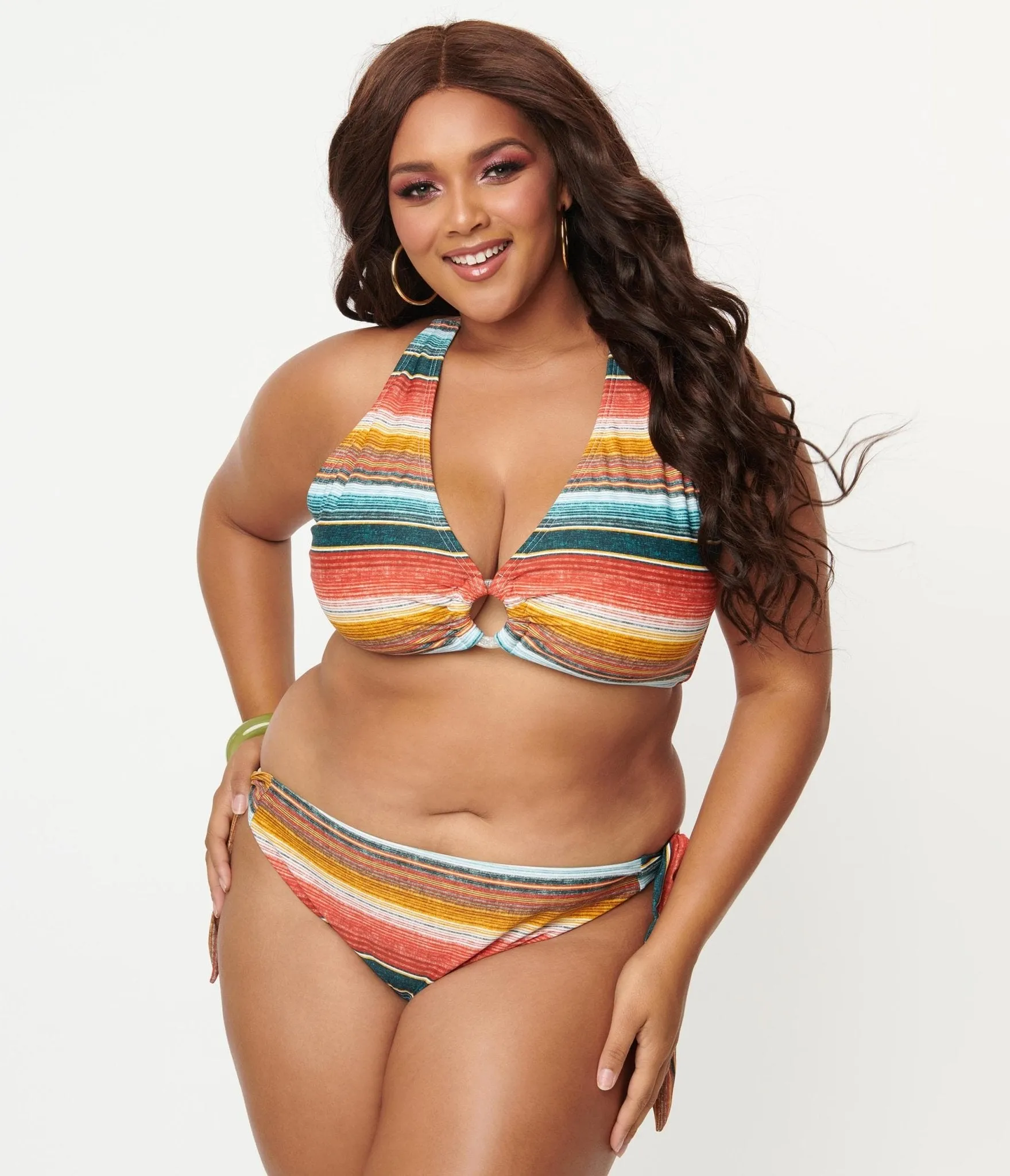 Unique Vintage Plus Size 1970s Serape Stripe Give Us A Ring Swim Top