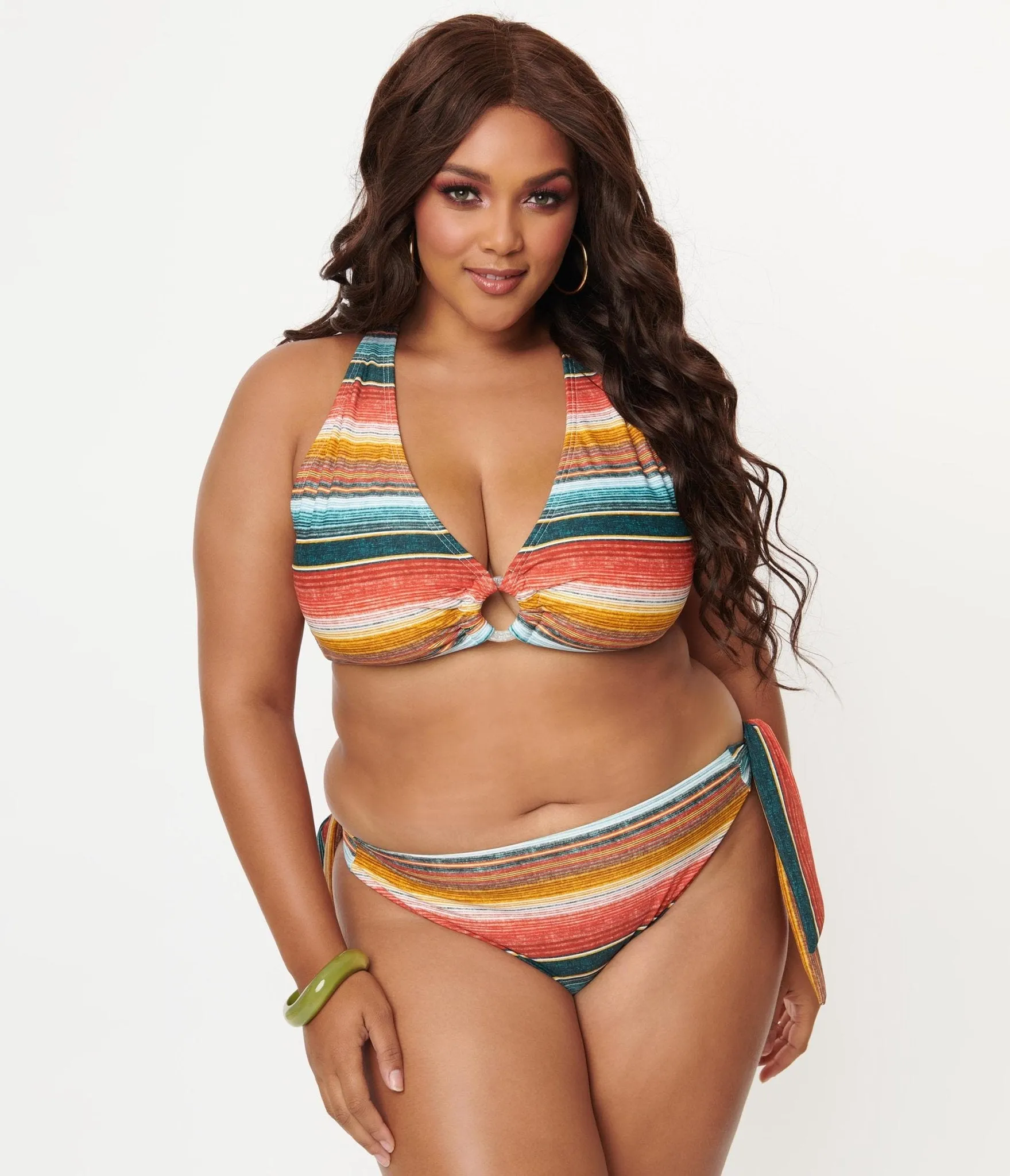 Unique Vintage Plus Size 1970s Serape Stripe Give Us A Ring Swim Top