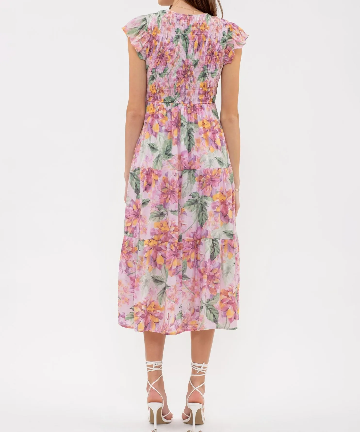 V-Neck Floral Midi Dress - Pink Multi