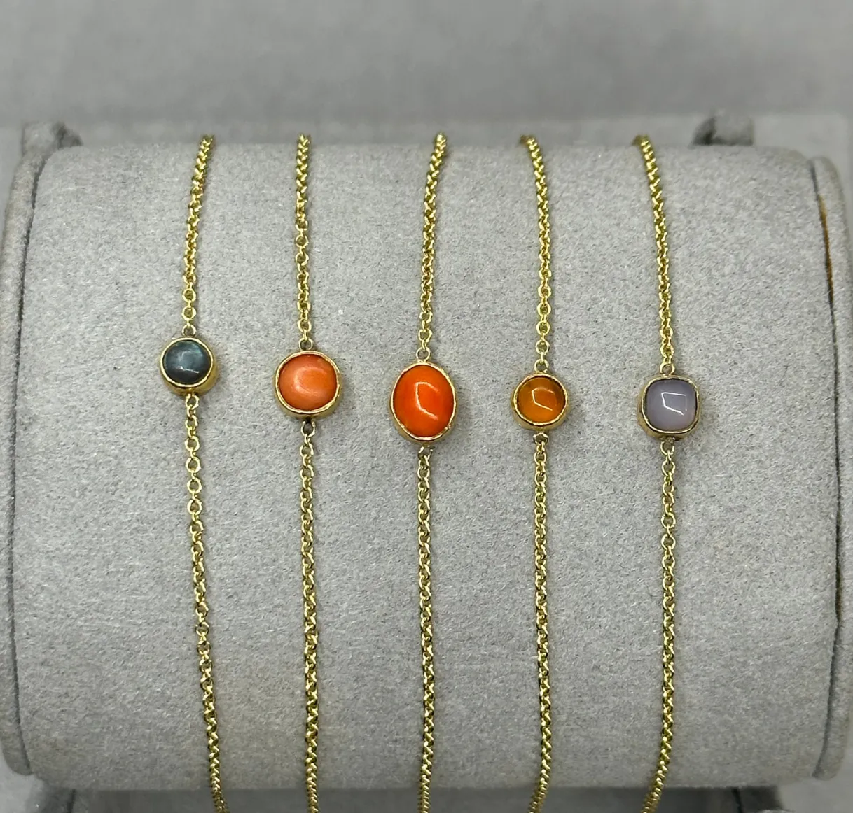 Yellow Gold Bezel Set Spinel, Coral, Grey Topaz, Chrysoberyl Bracelets