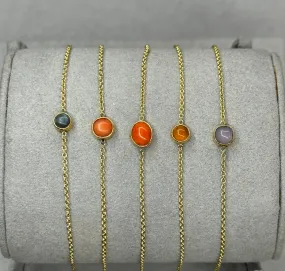 Yellow Gold Bezel Set Spinel, Coral, Grey Topaz, Chrysoberyl Bracelets